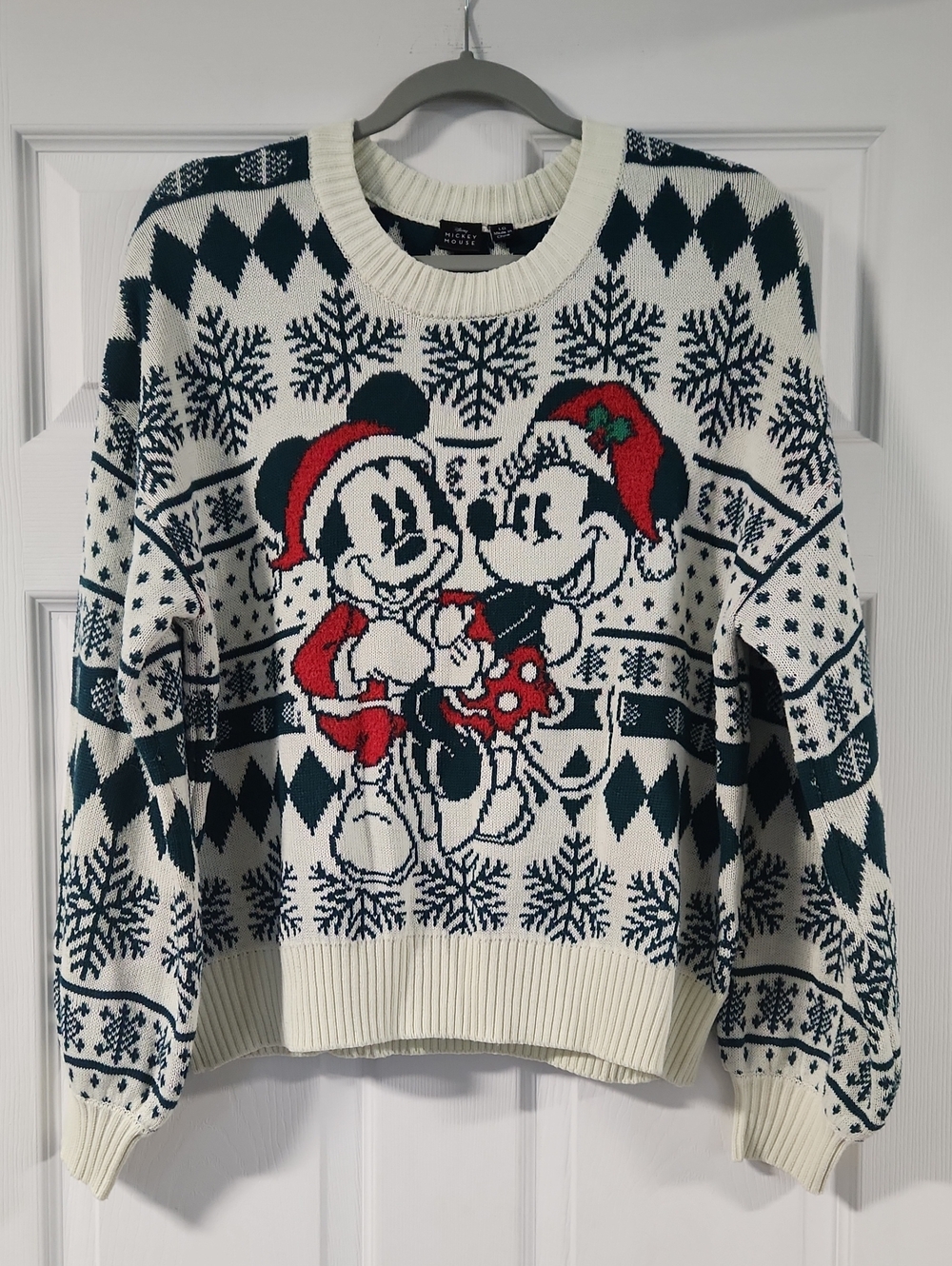 Disney Cream, Dark Green & Red Mickey & Minnie Holiday Crewneck Sweater